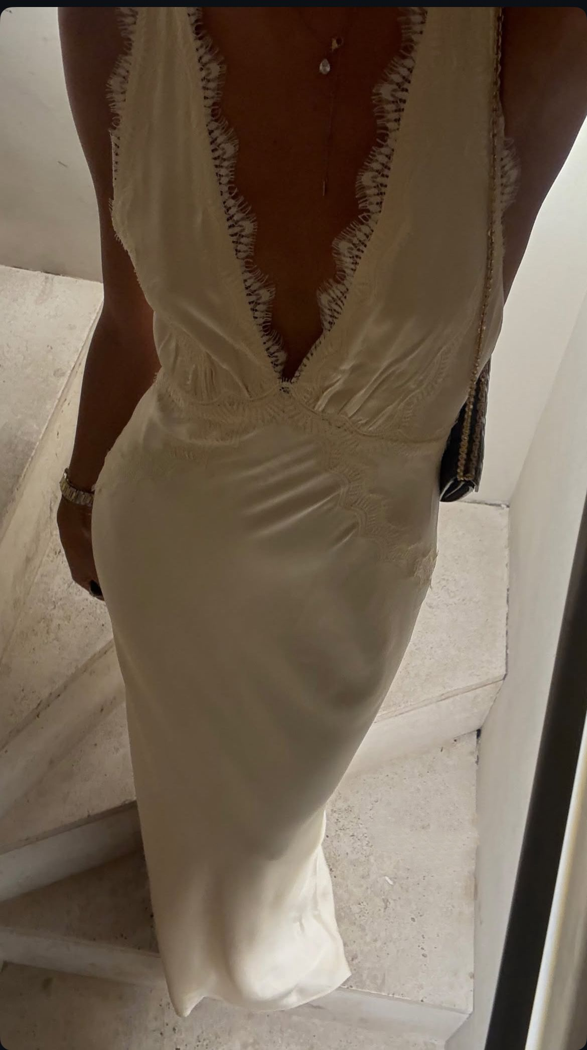 Sexy Ivory Deep V Neck Satin Lace Long Evening Dress Prom Gown SP1141