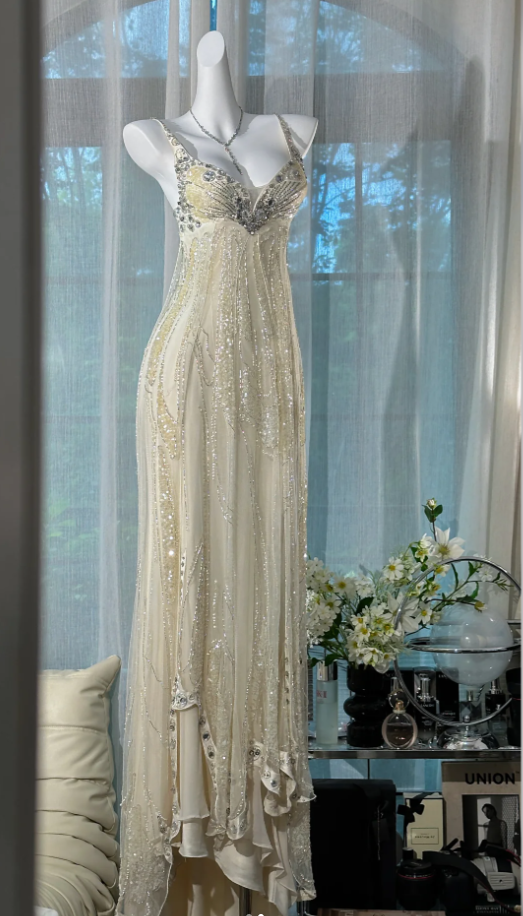 Elegant Apricot Chiffon Sequin Beaded Long Mermaid Evening Dress Party Gowns