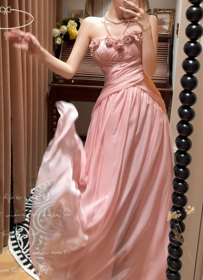 Pretty Flowers Strapless Pink Chiffon Mermaid Evening Dress Prom Gown Long Wedding Guest Dress