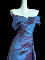 Vintage Off The Shoulder Bow Navy Blue Satin Mermaid Evening Dress Formal Prom Gown