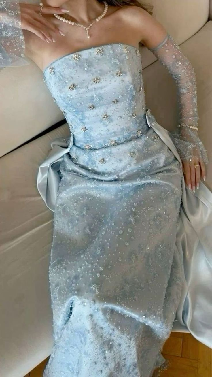 Classy Strapless Light Blue Satin Tulle Beaded Mermaid Prom Dress Long Party Gown
