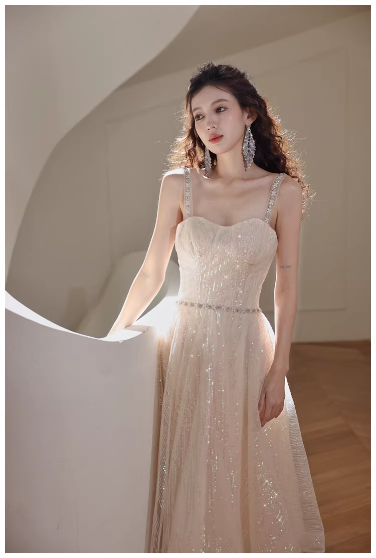 Elegant Light Champagne Tulle Sequin Beaded A Line Mid Length Birthday Prom Dress Evening Gown