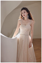 Elegant Light Champagne Tulle Sequin Beaded A Line Mid Length Birthday Prom Dress Evening Gown