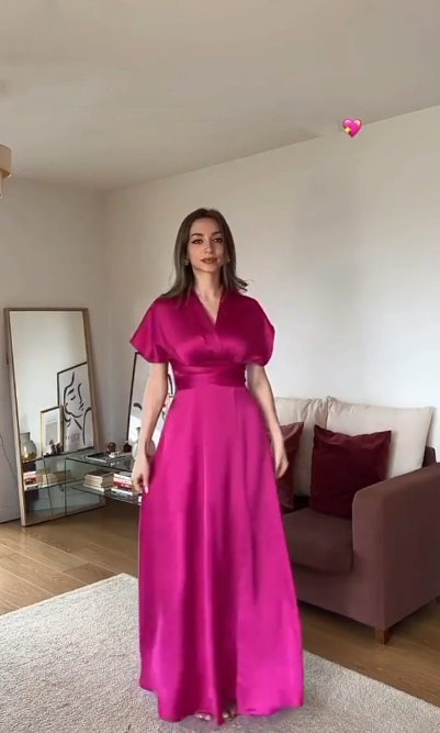 Classy Hot Pink Satin A Line Long Evening Dress Birthday Party Gown