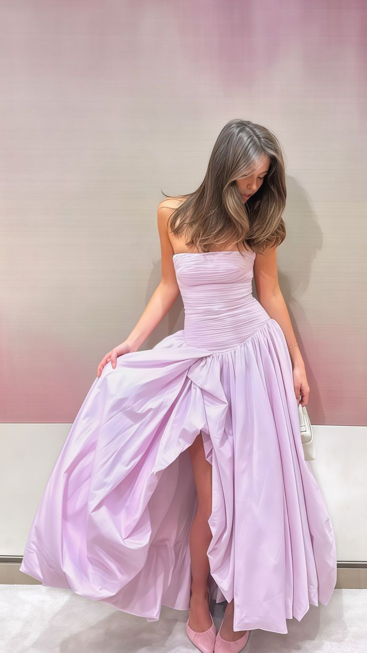 Strapless Lilac Pleated Slit Party Dress Formal Prom Gown Birthday Party Dress