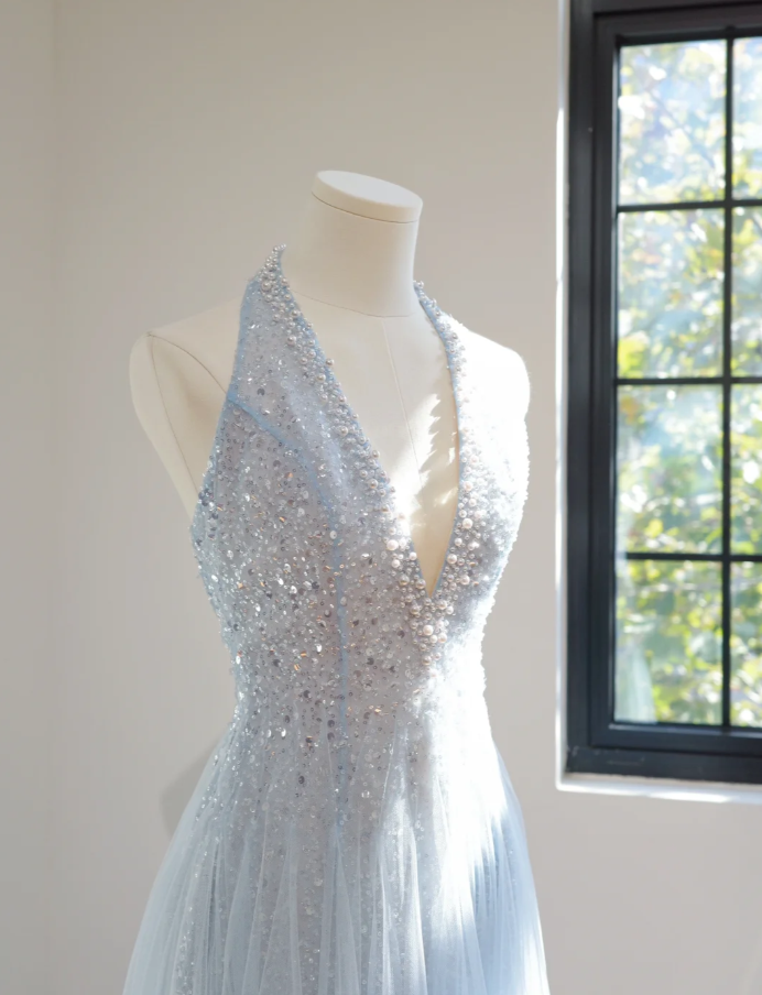 Fairy Halter V Neck Sky Blue Tulle Sequin Beaded A Line Long Prom Dress Party Gown