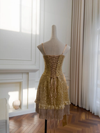 Glitter Gold Spaghetti Straps Sequins Beaded Cocktail Dress Short Graduation Homecoming Dress Y9050