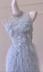 Classy Blue Sleeveless Sequin Feathers Mini Birthday Outfits Sheath Homecoming Dress Y8980