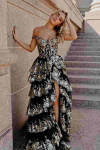 Sparkly Off The Shoulder Black Tulle Appliques Slit Prom Dress,Layered Long Prom Dress Y8428
