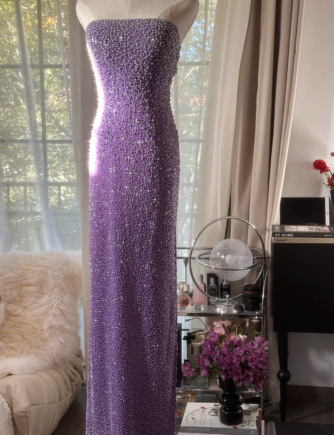 Glamorous Strapless Purple Chiffon Beaded Sheath Slit Prom Dress Long Party Gown