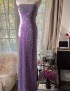Glamorous Strapless Purple Chiffon Beaded Sheath Slit Prom Dress Long Party Gown