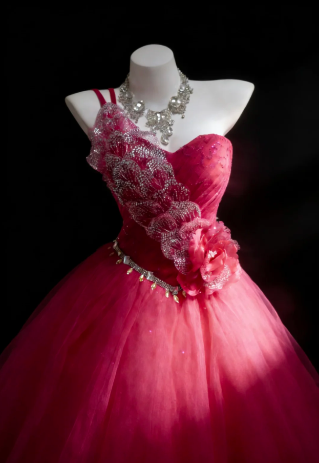 Charming One Shoulder Tulle Beaded Ball Gown Rose Red Long Evening Dress Birthday Dress With Flower SP1847