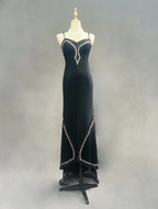 Stylish Spaghetti Straps Black Satin Beaded Mermaid Long Party Dress Formal Wedding Guest Dress SP1279