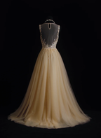 Luxurious Champagne Sleeveless Tulle Beaded Mermaid Long Birthday Party Dress Evening Gown