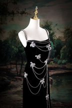 Elegant Black Velvet Spaghetti Straps Slit Beaded Mermaid Evening Dress Long Birthday Party Gown