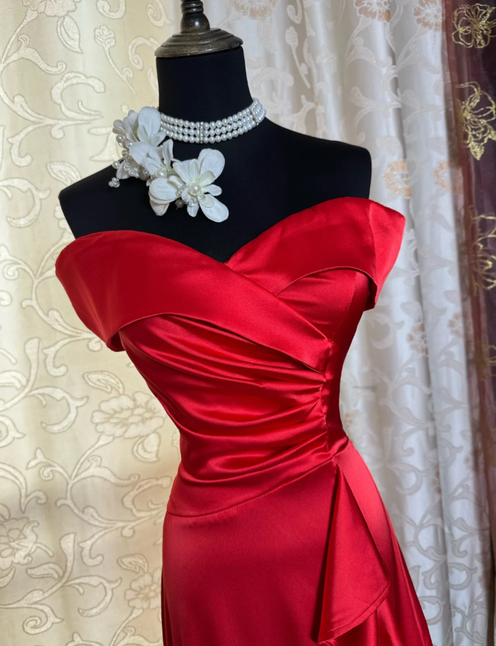 Fashion Red Off The Shoulder Satin Mermaid Long Party Dress Formal Wedding Guest Dress SP1885