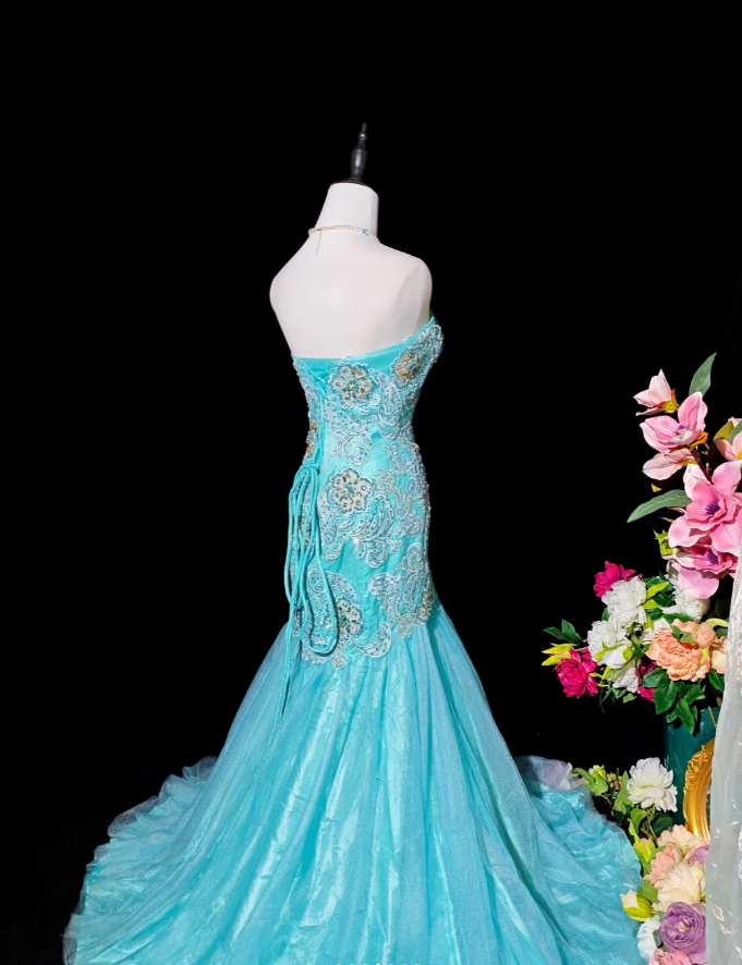 Charming Strapless Blue Tulle Appliques Beaded Mermaid Party Dress Long Birthday Evening Gown
