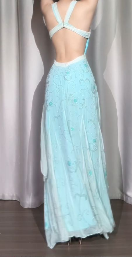Classy Light Blue V Neck Chiffon Beaded Mermaid Long Party Dress Backless Evening Gown