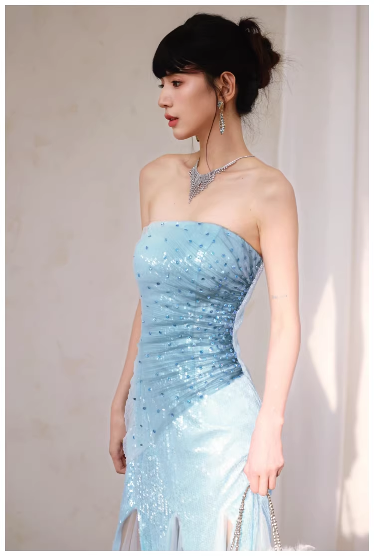 Charming Strapless Blue Tulle Sequin Beaded Mermaid Long Evening Dress Birthday Party Gown