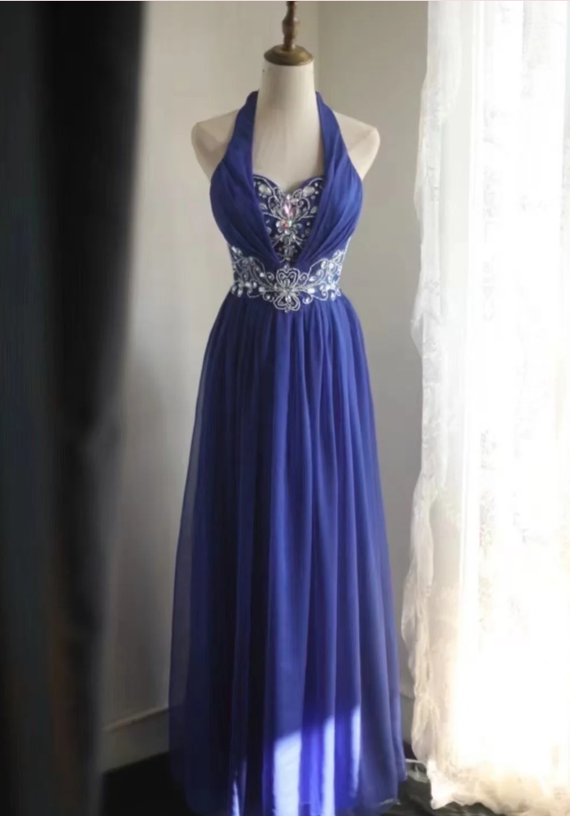 Stylish Halter Royal Blue Chiffon Beaded Long Evening Dress Formal Wedding Guest Dress Prom Gown
