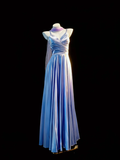 Classy Spaghetti Strap Purple V Neck Satin A Line Birthday Party Dress Long Wedding Guest Dress With Ribbon SP1578