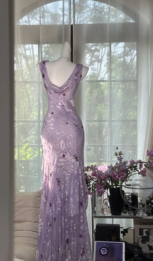 Classy Lavender Chiffon Print Floral Mermaid Long Evening Dress Formal Birthday Party Gown SP1570
