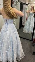 Fairy Strapless Light Blue Tulle A Line Long Wedding Guest Dress,Formal Evening Dress Birthday Prom Dress With Appliques SP1435