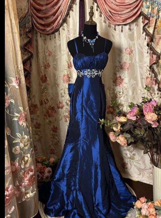 Vintage Spaghetti Straps Blue Satin Beaded Mermaid Evening Dress Long Prom Gown