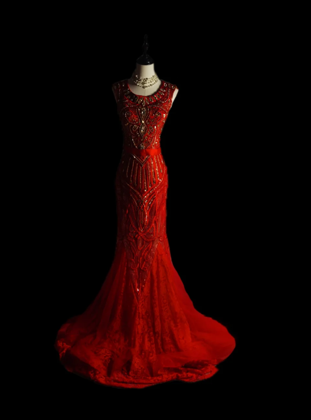 Gorgeous Sleeveless Tulle Satin Beaded Red Mermaid Evening Dress Long Prom Gown