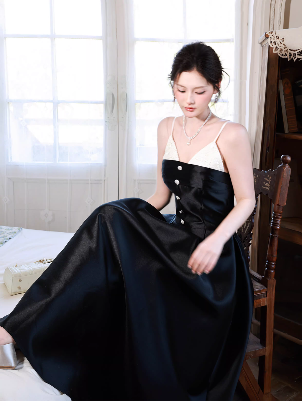 Pretty Spaghetti Straps V Neck Satin A Line Long Evening Dress Black Birthday Dress SP1655