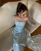 Classy Strapless Light Blue Satin Tulle Beaded Mermaid Prom Dress Long Party Gown