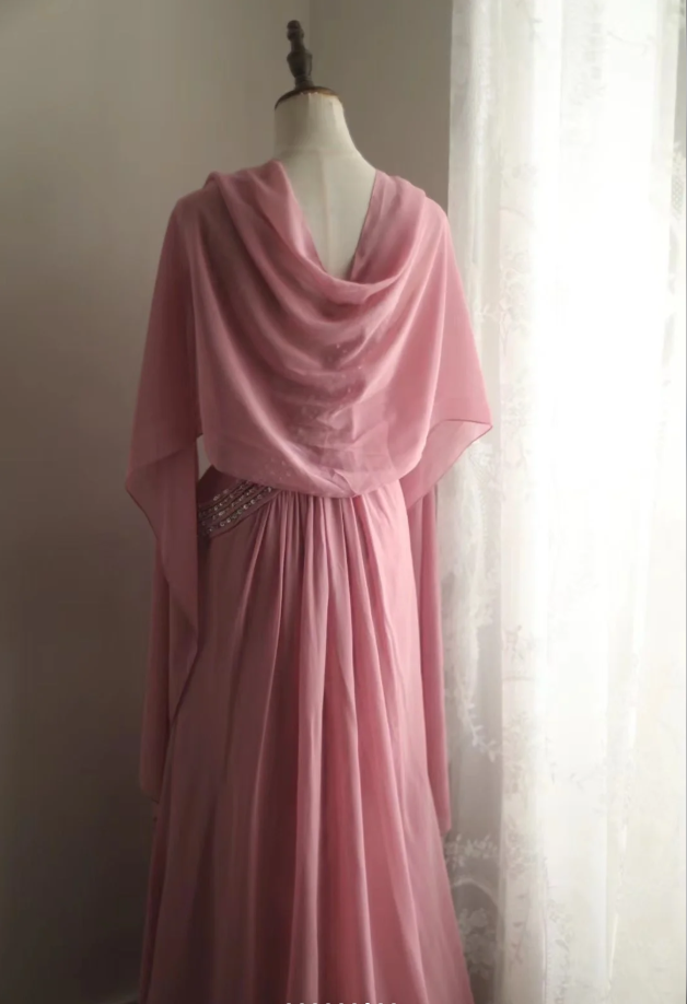 Pretty Pink Chiffon Beaded Mermaid Long Party Dress Evening Gown
