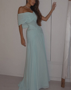 Elegant Off The Shoulder Blue Sequin Chiffon Pleated Mermaid Long Party Gown Evening Dress