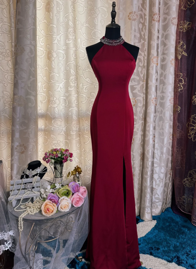 Classy Red Halter Satin Beaded Slit Evening Dress Long Mermaid Prom Gowns SP1617