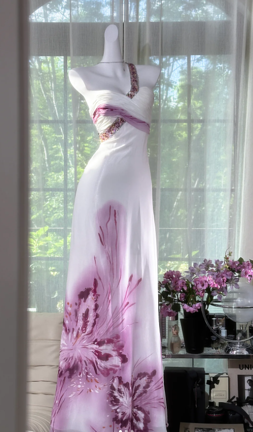 Pretty One Shoulder Beaded White Chiffon Lilac Floral Mermaid Evening Dress Long Party Gowns