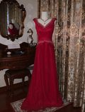 Glitter V Neck Sleeveless Satin Tulle Beaded Mermaid Long Evening Dress Party Gown