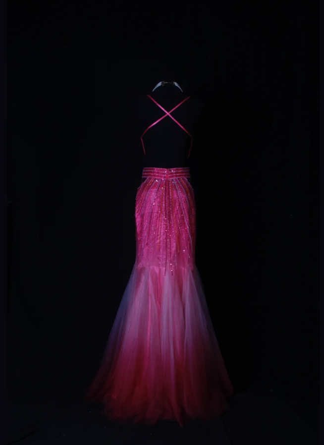 Gorgeous Spaghetti Straps Hot Pink V Neck Satin Tulle Beaded Mermaid Prom Dress Backless Long Evening Gown