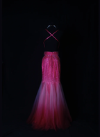 Gorgeous Spaghetti Straps Hot Pink V Neck Satin Tulle Beaded Mermaid Prom Dress Backless Long Evening Gown