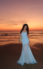 Classy Blue Strapless Chiffon Mermaid Long evening Dress birthday Prom Dresses SP1288
