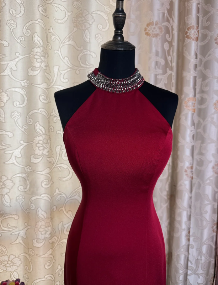 Classy Red Halter Satin Beaded Slit Evening Dress Long Mermaid Prom Gowns SP1617