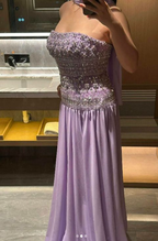 Classy Strapless Purple Chiffon Beaded Long Party Dress Evening Gown