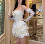 Cute Light Yellow Lace Layered Strapless A Line Birthday Outfits Formal 8th Grade Homecoming Dress Y9097