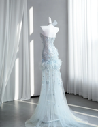 Elegant Light Blue Strapless Tulle Beaded Mermaid Long Wedding Guest Dress Formal Party Dress With Butterfly Appliques SP1512