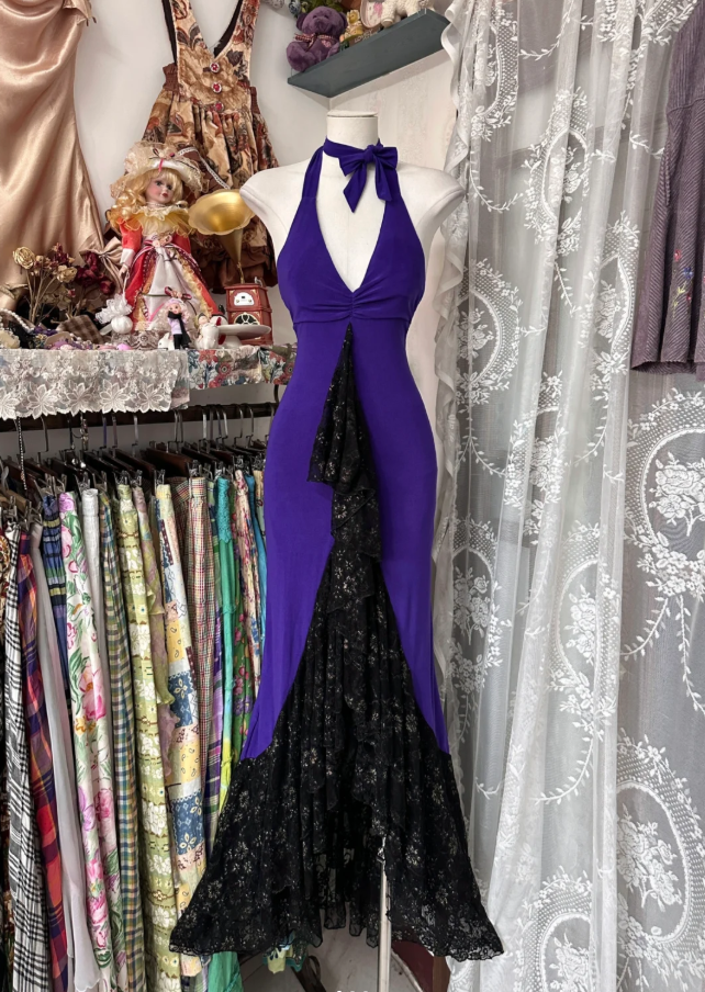Elegant Halter V Neck Satin Lace Mermaid Long Evening Dress Purple Birthday Party Dress Prom Gown