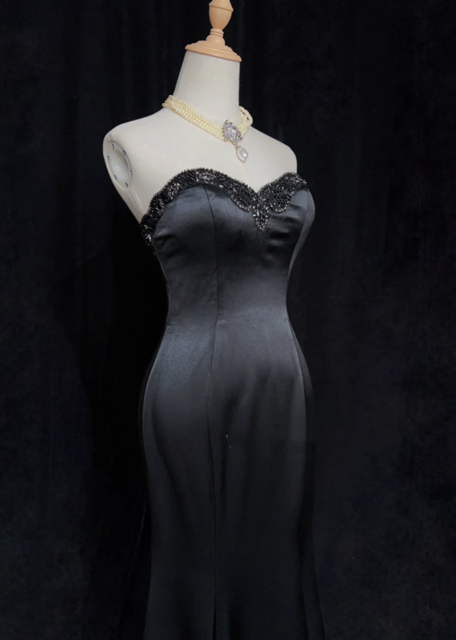 Fashion Sweetheart Neck Black Satin Beaded Mermaid Long Evening Dress Formal Wedding Guest Dress SP1959