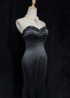 Fashion Sweetheart Neck Black Satin Beaded Mermaid Long Evening Dress Formal Wedding Guest Dress SP1959