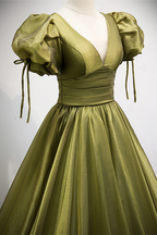Green v neck tulle long prom dress A line evening dress Y898