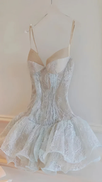 Cute Spaghetti Straps Sky Blue Lace Formal 20th Birthday Dress Homecoming Dress Y9816
