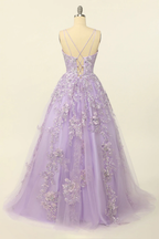 Gorgeous V-Neck Tulle Long Prom Dress with Lace Appliques Y33