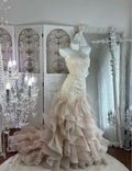 Pretty Strapless Light Pink Apricot Lace Appliques Tulle Ruffles Mermaid Long Party Dress Formal Wedding Guest Dress SP1449